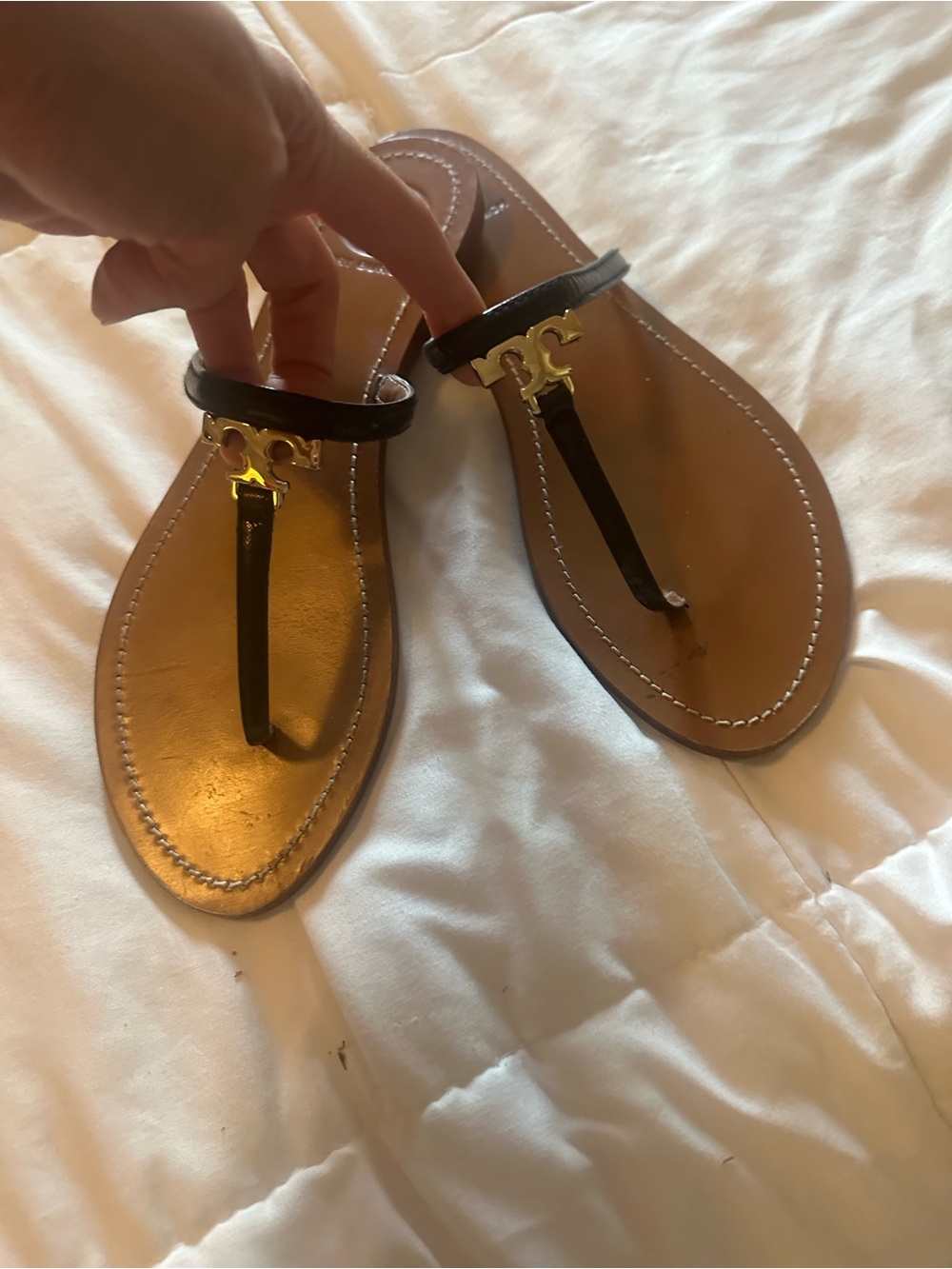 Tory Burch Black and Tan Leather T-Strap Sandals with Gold Logo